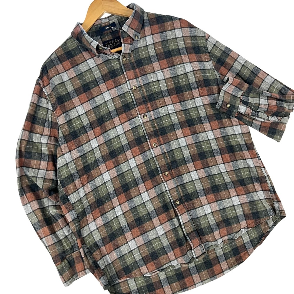 Pendleton Mason Mens Large Wool Plaid Flannel Button Down Shirt Earth Tone Brown